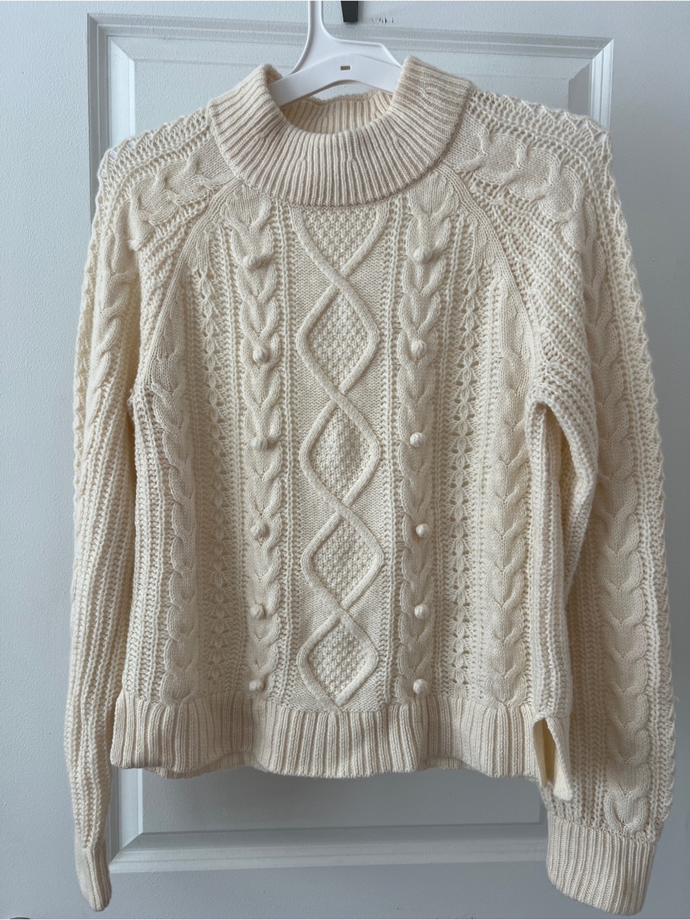 J. Crew Pom-Pom Cable-Knit Sweater Cream Lambswool Blend Small